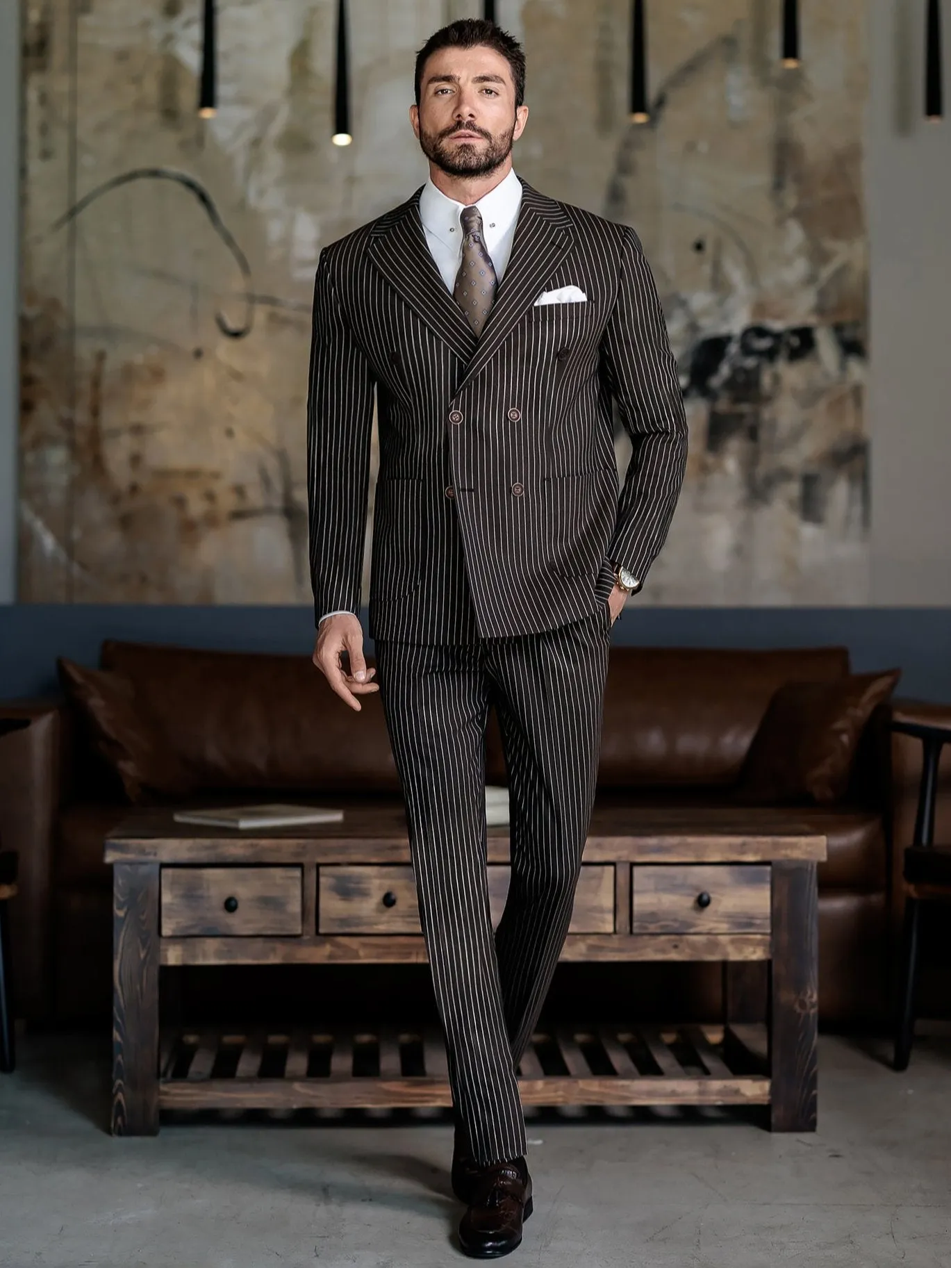 Brown Striped Double Breasted Suit 2-Piece