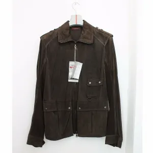 Brown Suede Leather & Cotton Utility Jacket