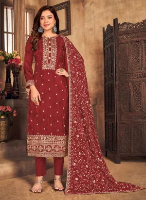 Burgundy Maroon Viscose Embroidered Straight Pant Style Suit