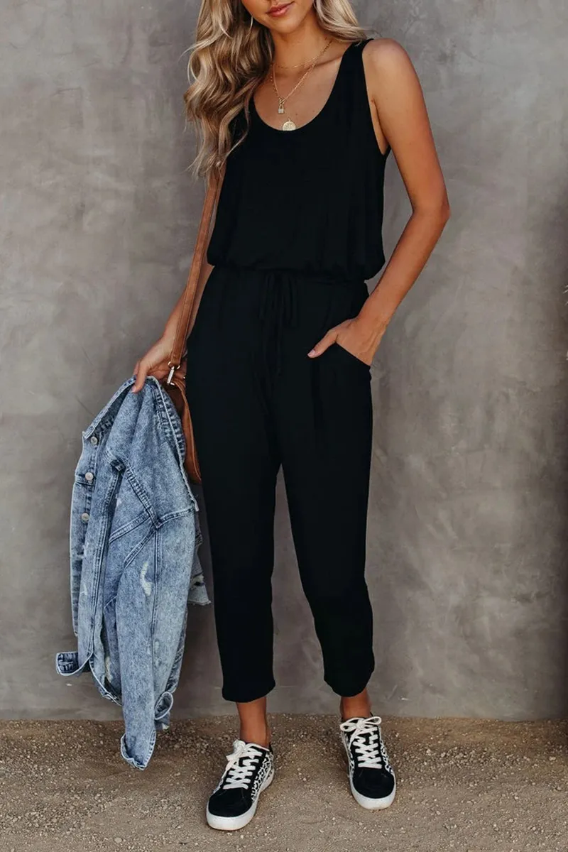 Casual Solid Patchwork U Neck Regular Jumpsuits(3 Colors)