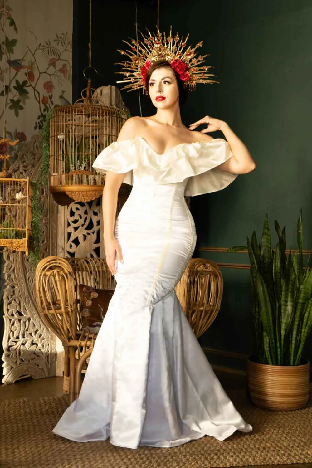 Classic satin corset wedding dress with wide frill. Bespoke steel-boned mermaid corset dress