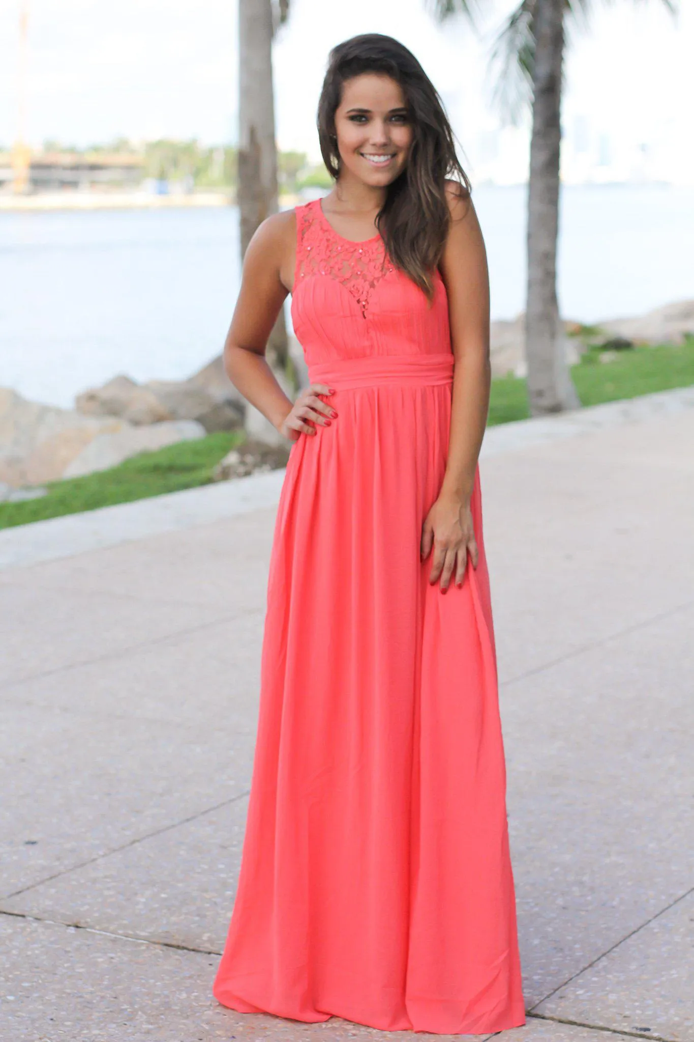 Coral Maxi Dress with Pleated Lace Top