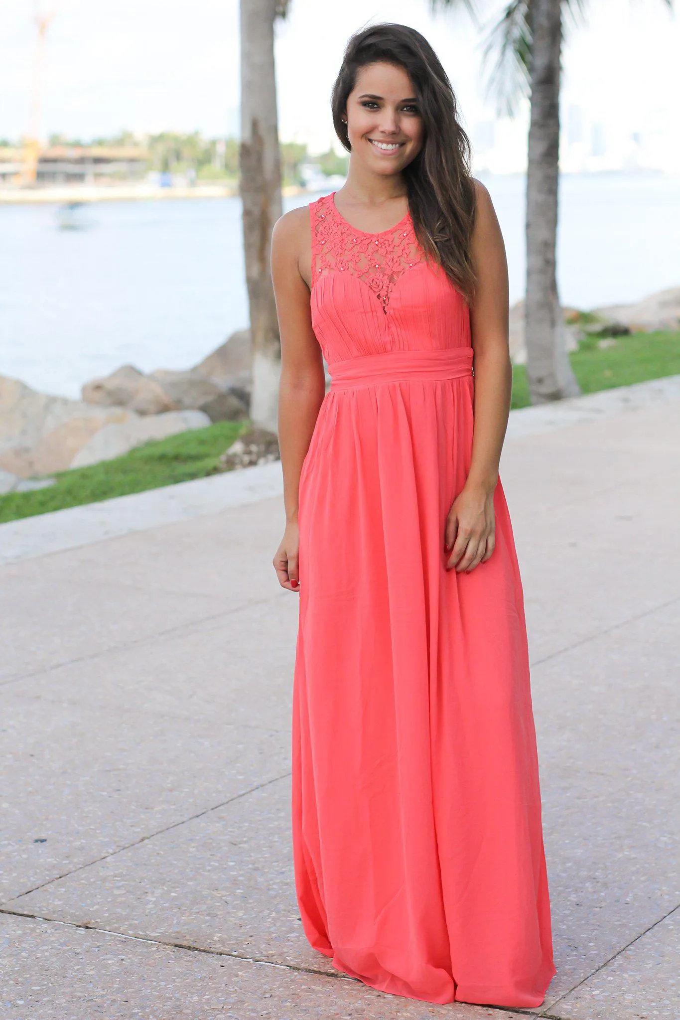 Coral Maxi Dress with Pleated Lace Top