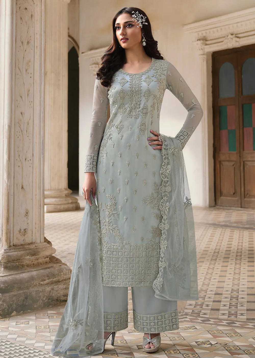 Cording Embroidered Grey Designer Salwar Kameez