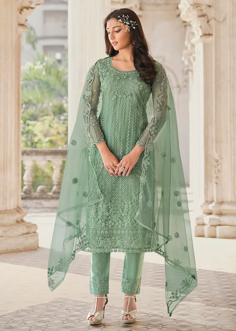 Cording Embroidered Mint Green Designer Salwar Kameez