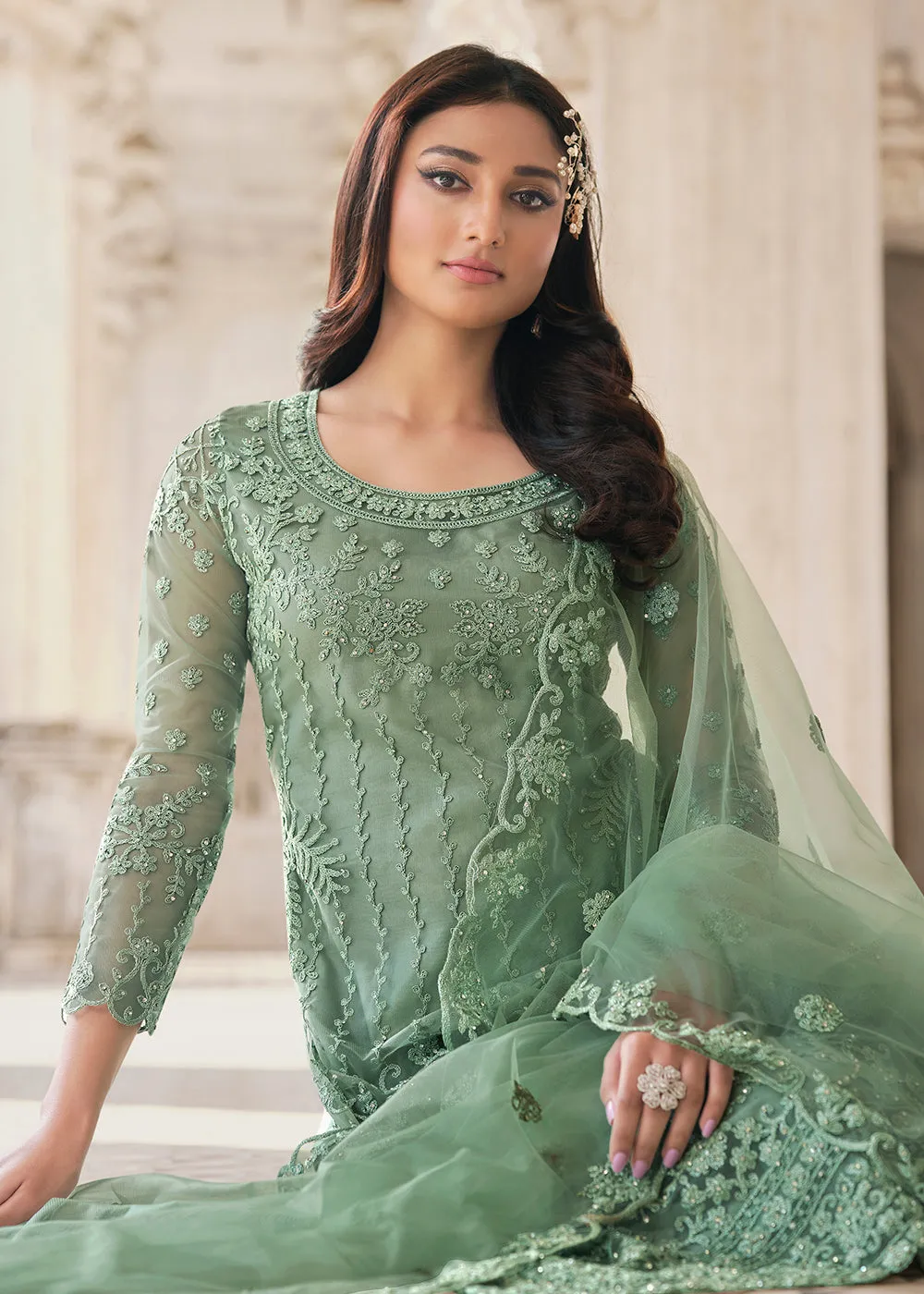 Cording Embroidered Mint Green Designer Salwar Kameez