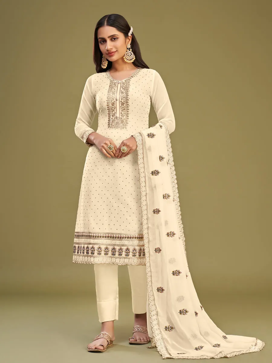 Cream Embroidered Partywear Straight-Cut-Suit