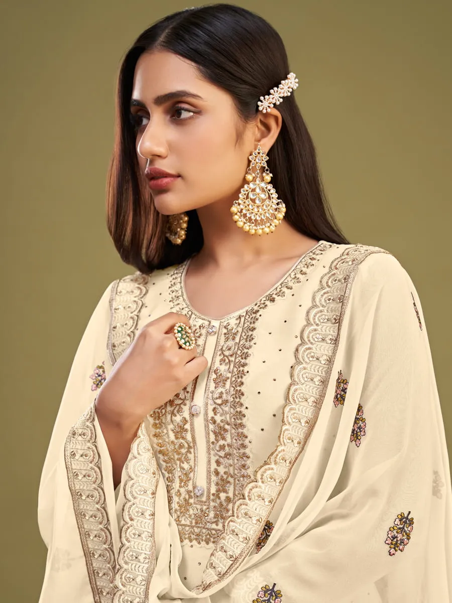 Cream Embroidered Partywear Straight-Cut-Suit