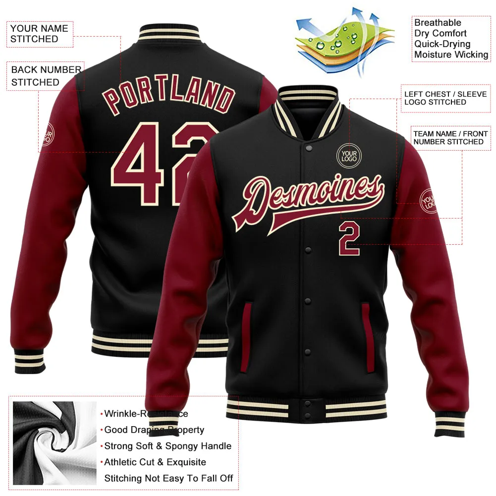 Custom Black Crimson-Cream Bomber Full-Snap Varsity Letterman Two Tone Jacket