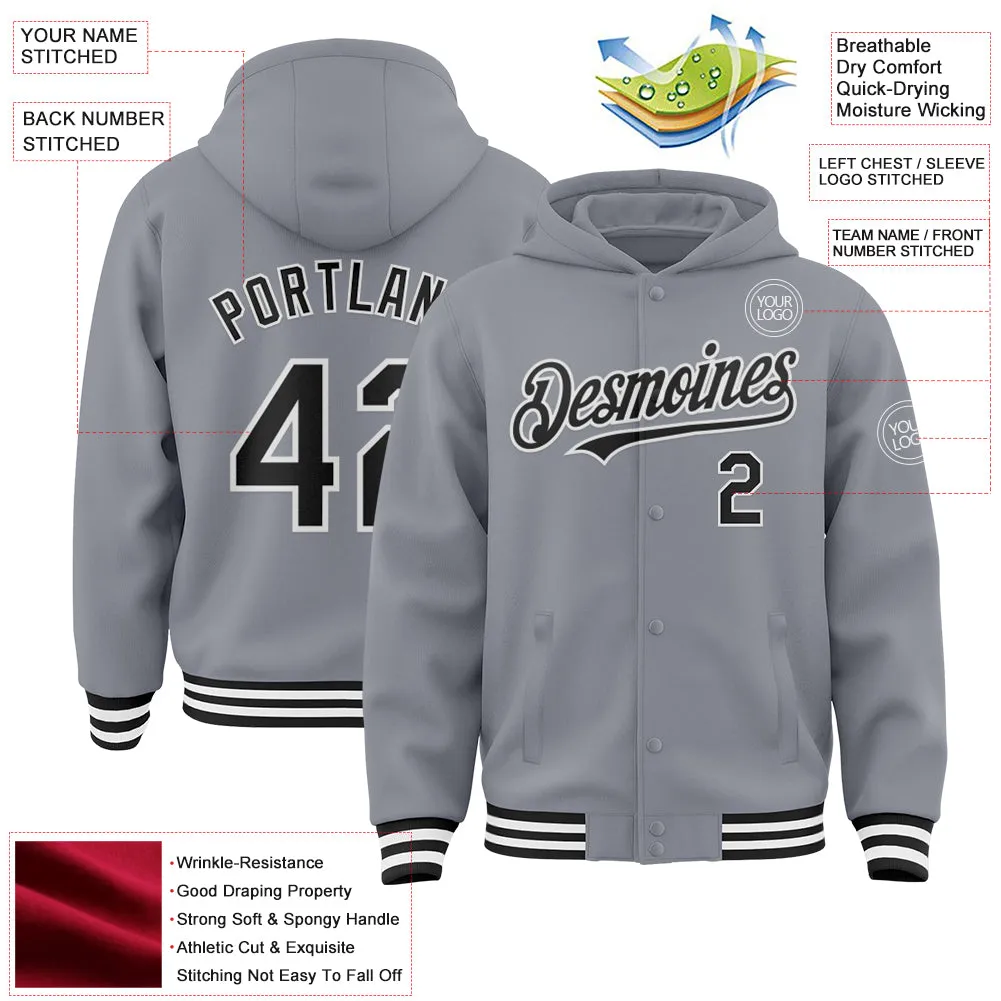 Custom Gray Black-White Bomber Full-Snap Varsity Letterman Hoodie Jacket