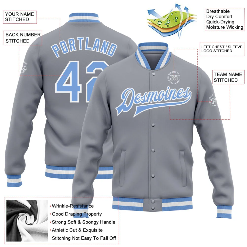 Custom Gray Light Blue-White Bomber Full-Snap Varsity Letterman Jacket