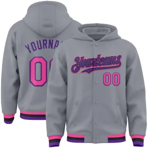 Custom Gray Pink Purple-Black Bomber Full-Snap Varsity Letterman Hoodie Jacket