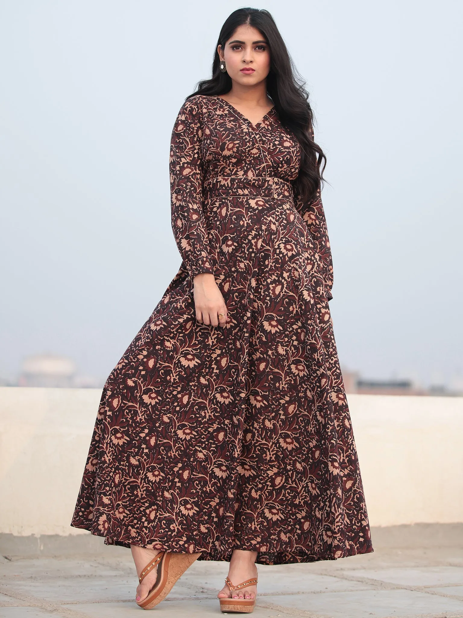 Deep Brown Beige Hand Block Printed Urave Cut Cotton Long Dress D463F1385