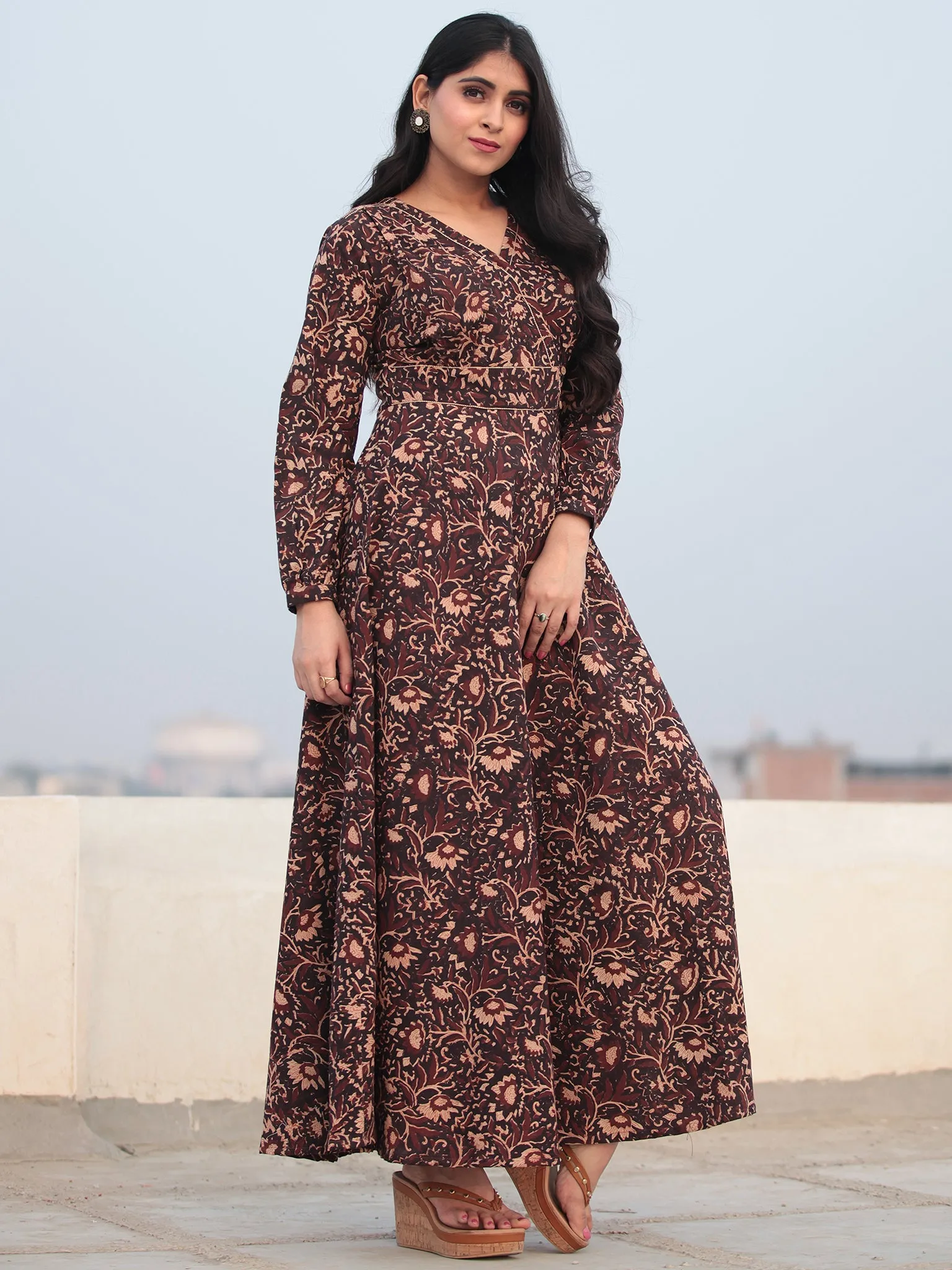 Deep Brown Beige Hand Block Printed Urave Cut Cotton Long Dress D463F1385