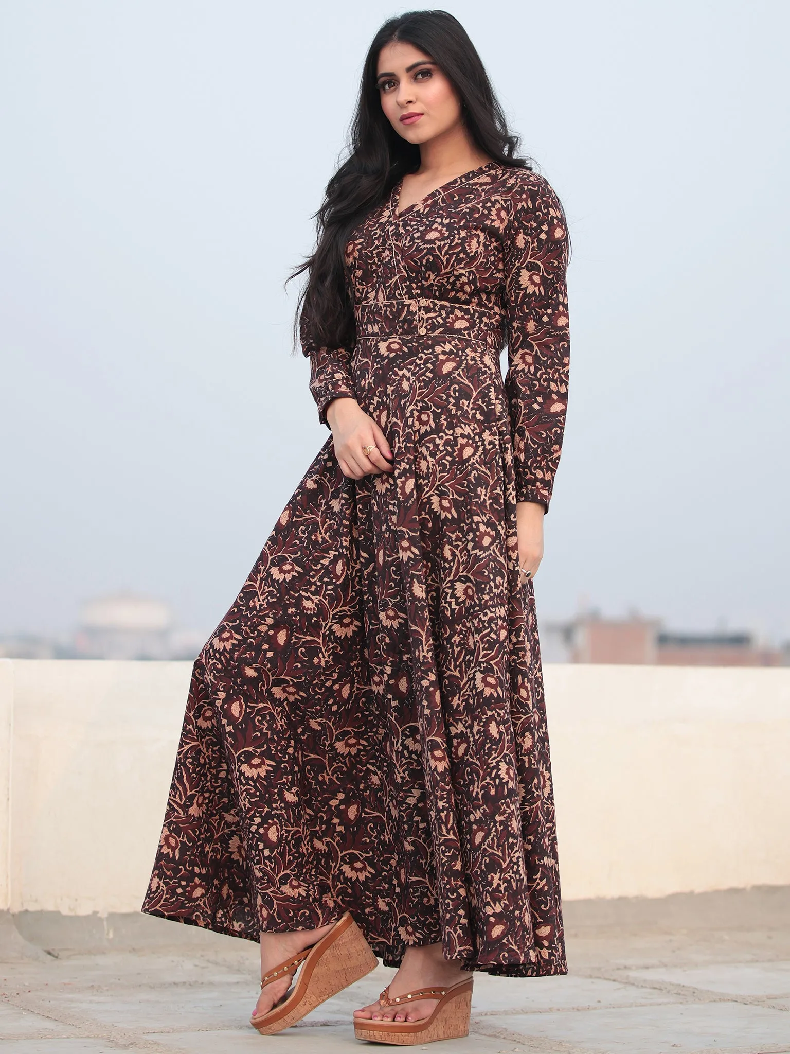 Deep Brown Beige Hand Block Printed Urave Cut Cotton Long Dress D463F1385