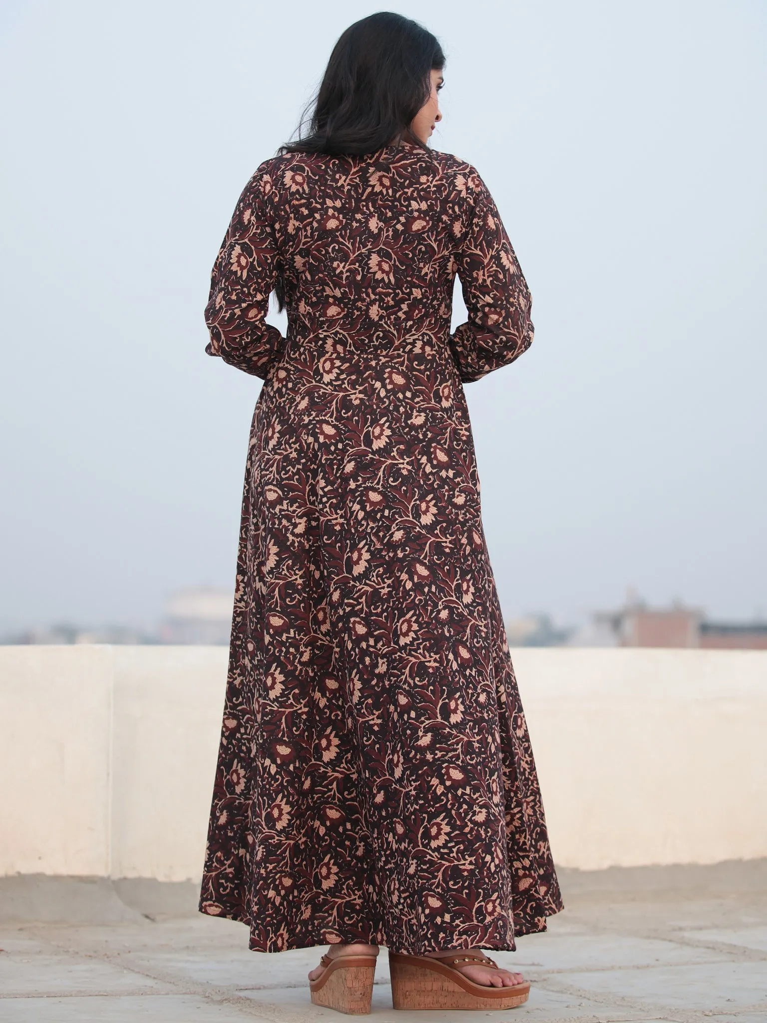 Deep Brown Beige Hand Block Printed Urave Cut Cotton Long Dress D463F1385