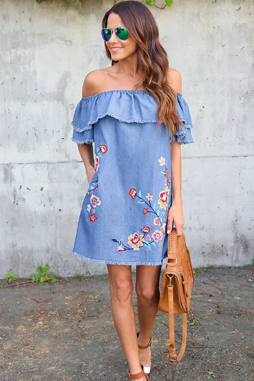 Denim Flower Embroidery Mini Dress