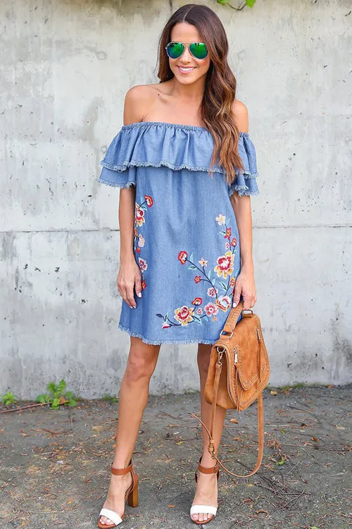 Denim Flower Embroidery Mini Dress