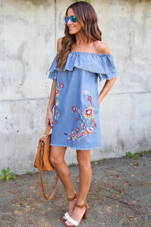 Denim Flower Embroidery Mini Dress