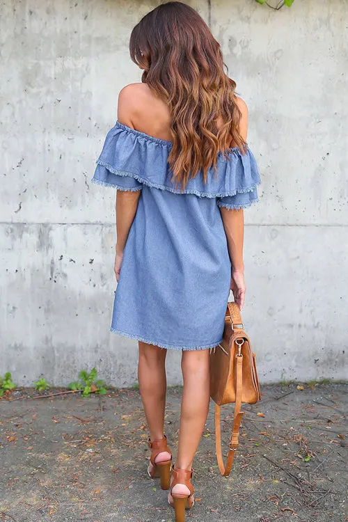 Denim Flower Embroidery Mini Dress