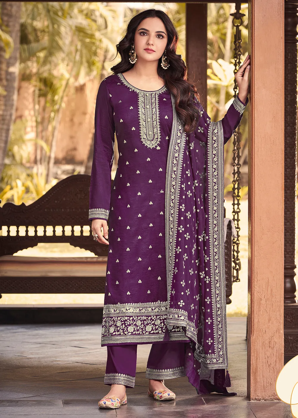 Dola Silk Fanciable Violet Embroidered Festive Salwar Suit