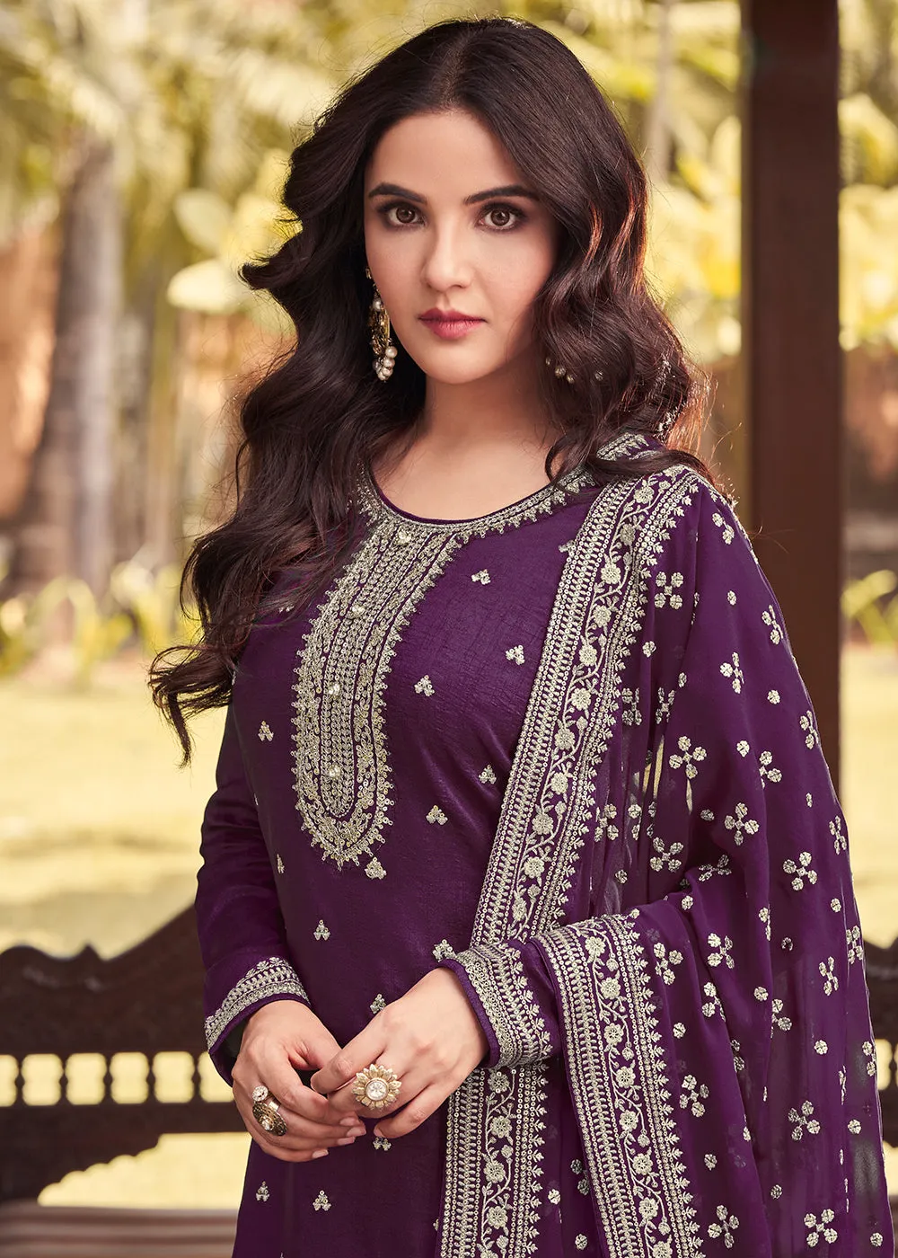 Dola Silk Fanciable Violet Embroidered Festive Salwar Suit