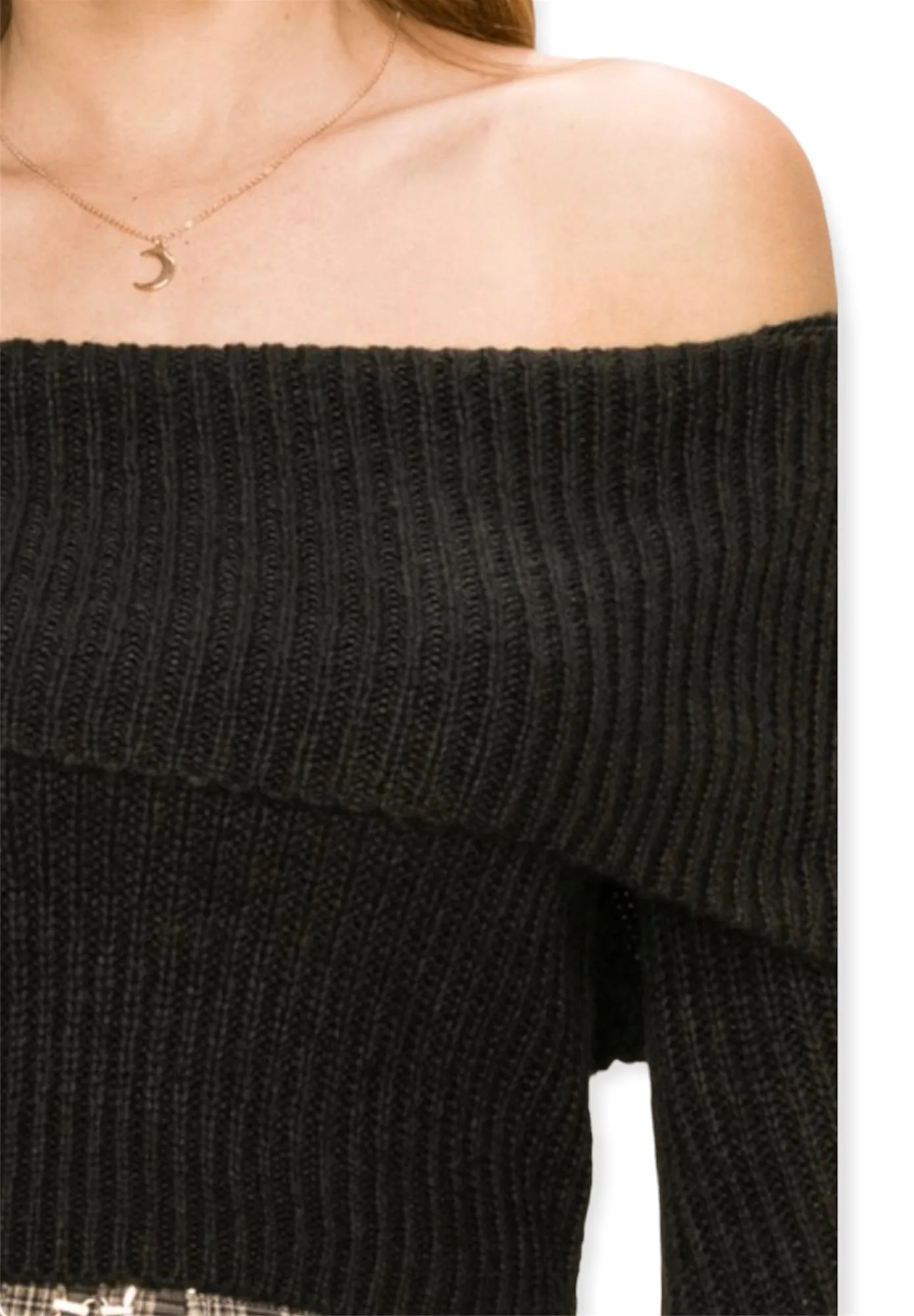 Dream On Off-The-Shoulder Ribbed Sweater- Black