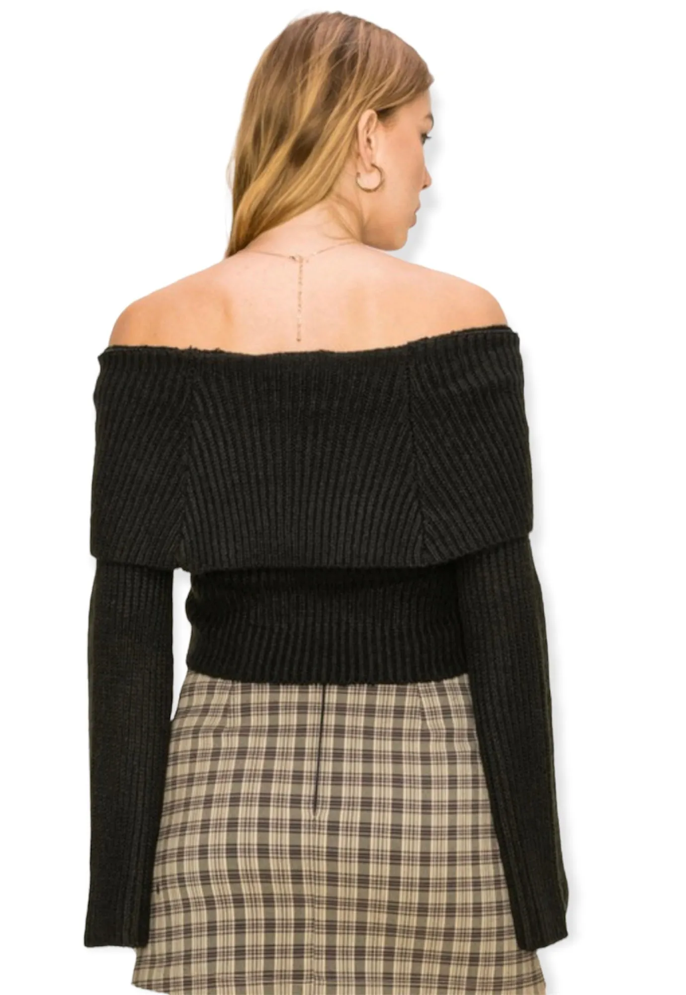 Dream On Off-The-Shoulder Ribbed Sweater- Black