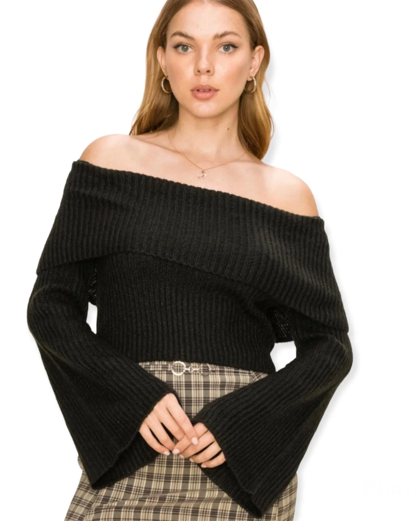 Dream On Off-The-Shoulder Ribbed Sweater- Black