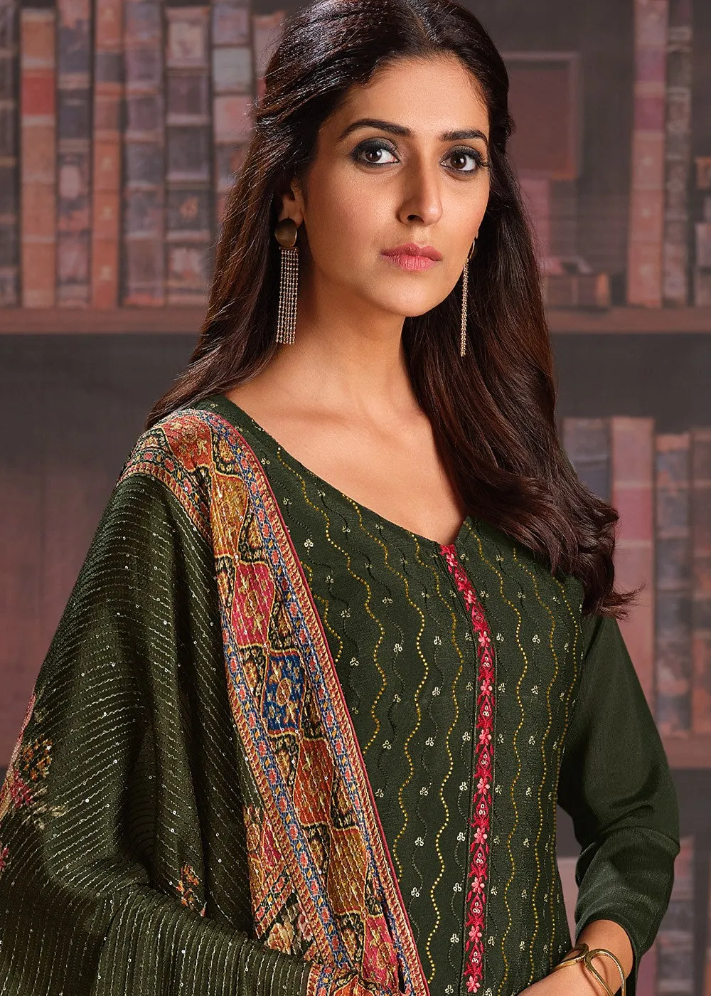 Embroidered Dark Green Chinnon Festive Salwar Suit