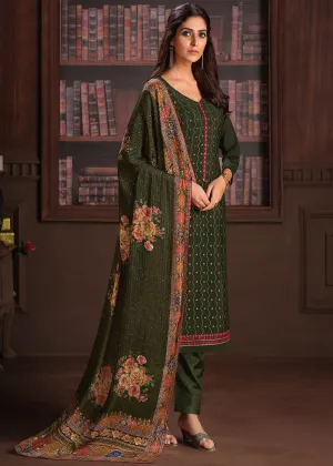 Embroidered Dark Green Chinnon Festive Salwar Suit