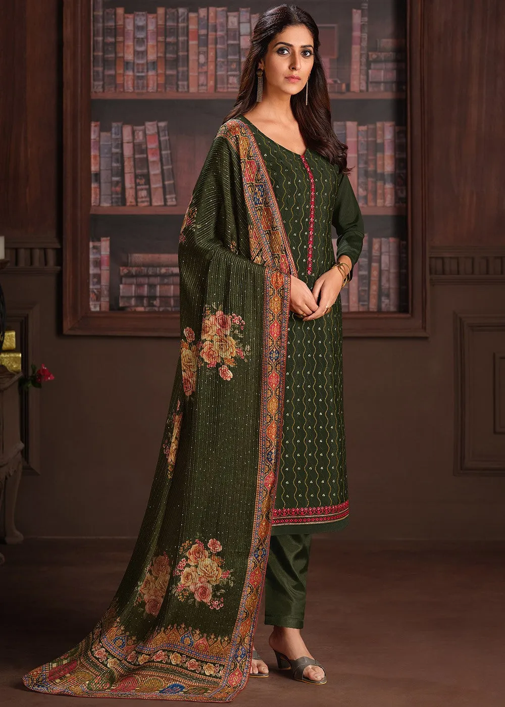 Embroidered Dark Green Chinnon Festive Salwar Suit