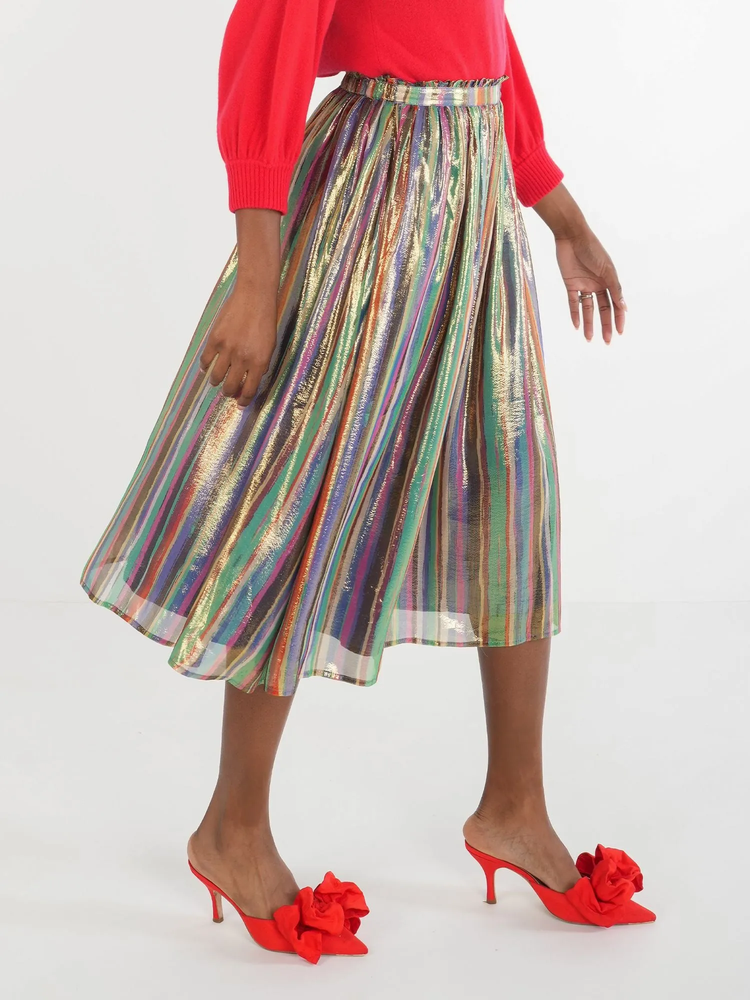 Emily McCarthy Pleated Midi Skirt in Tinsel Metallic Silk