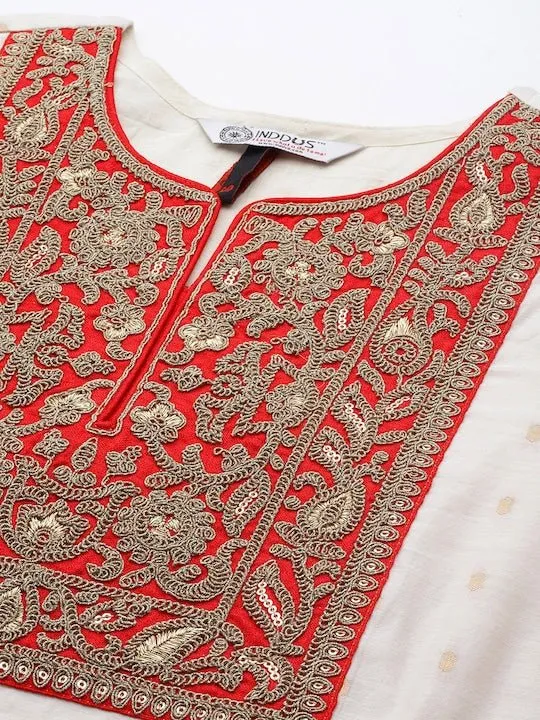 Ethnic Motifs Embroidered Chanderi Cotton Kurta With Palazzos & Dupatta