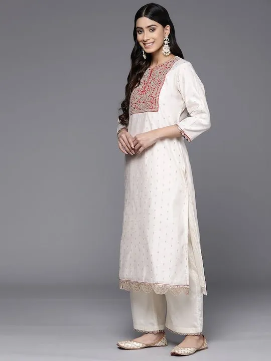 Ethnic Motifs Embroidered Chanderi Cotton Kurta With Palazzos & Dupatta