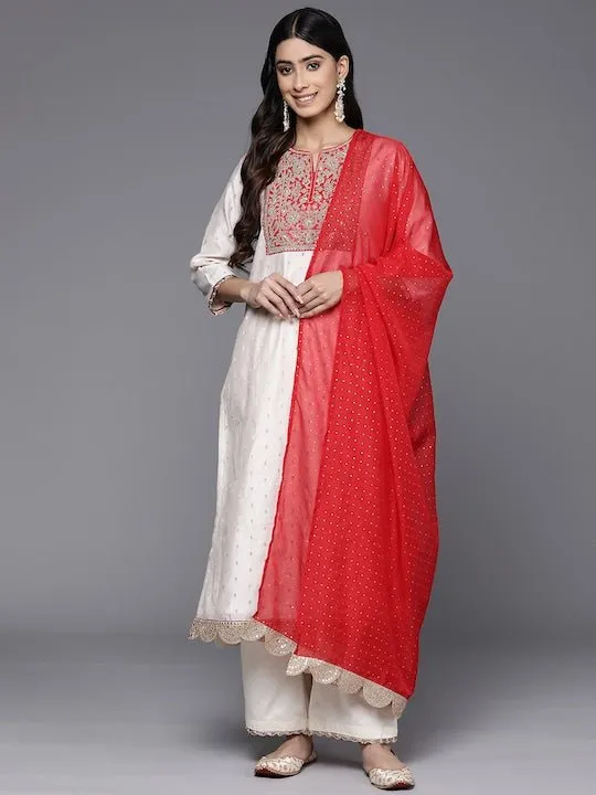 Ethnic Motifs Embroidered Chanderi Cotton Kurta With Palazzos & Dupatta