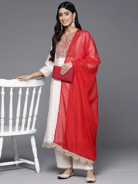 Ethnic Motifs Embroidered Chanderi Cotton Kurta With Palazzos & Dupatta