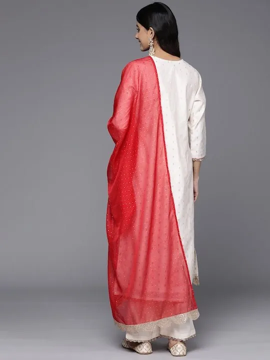 Ethnic Motifs Embroidered Chanderi Cotton Kurta With Palazzos & Dupatta