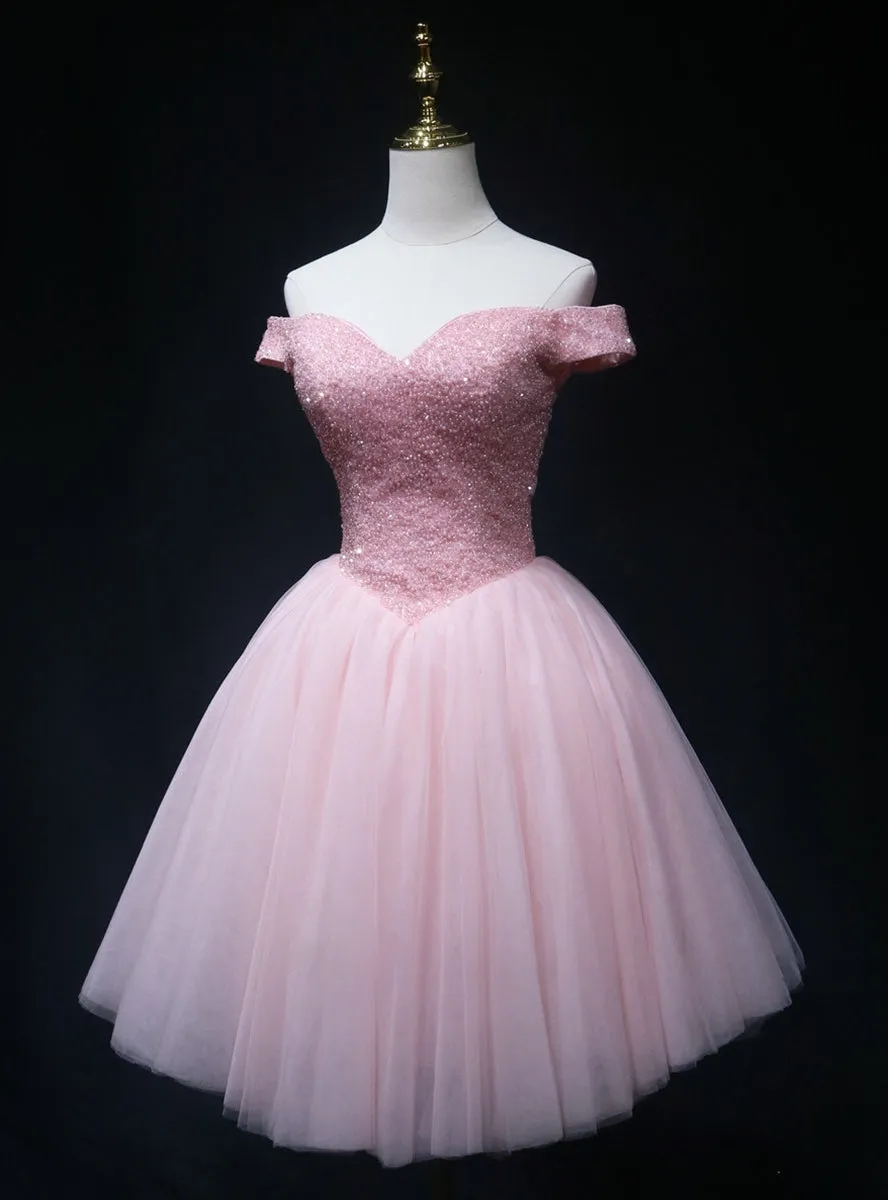 Fashion Pink Tulle Off the Shoulder Beading Homecoming Dress