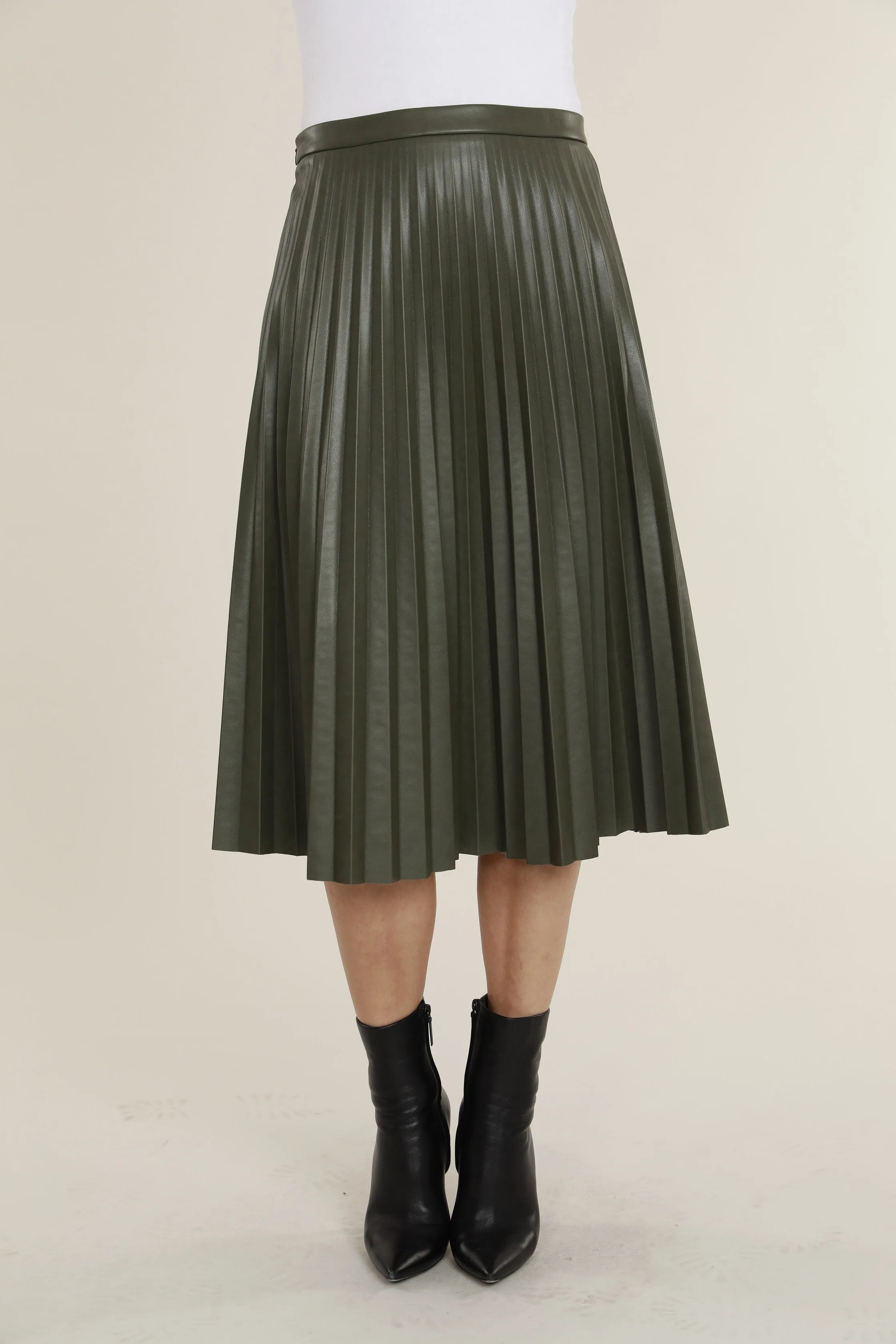 Faux Leather Pleated Midi Skirt