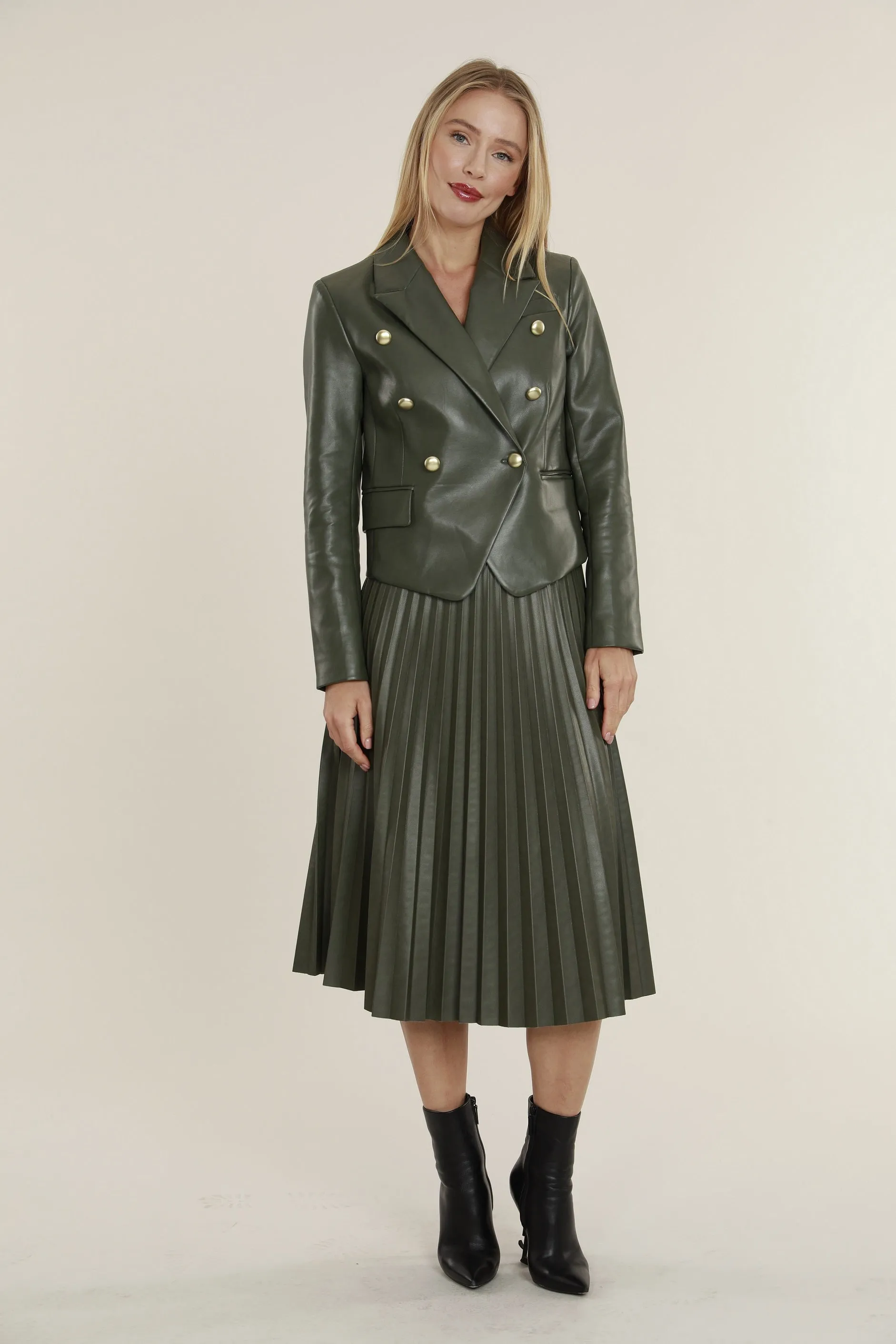 Faux Leather Pleated Midi Skirt