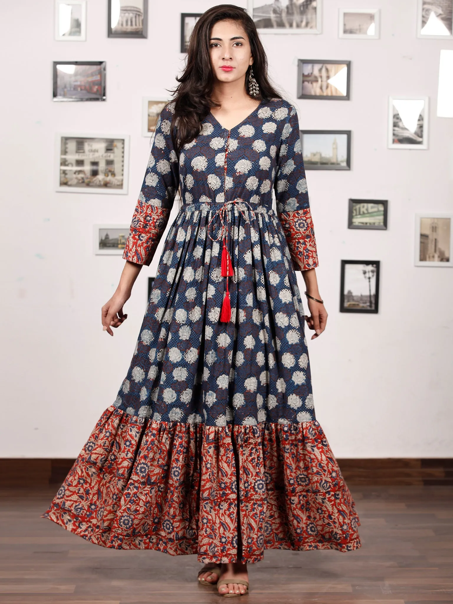 Floral Dress Up - Hand Block Printed Cotton Long Tie Up Waist Dress -  D170F1740