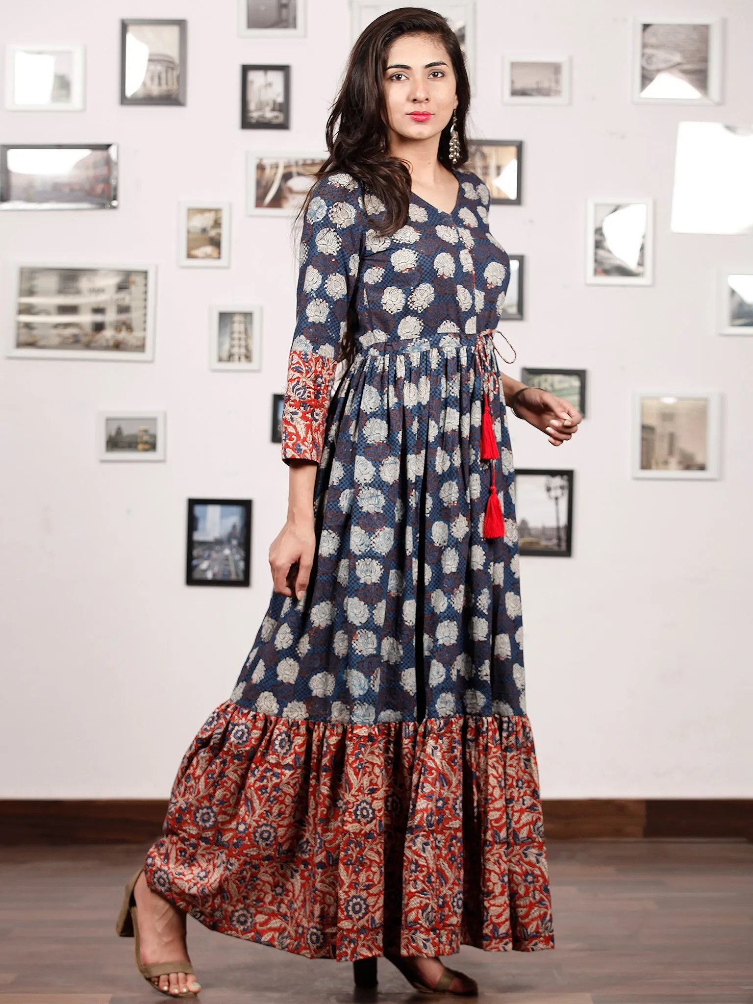 Floral Dress Up - Hand Block Printed Cotton Long Tie Up Waist Dress -  D170F1740