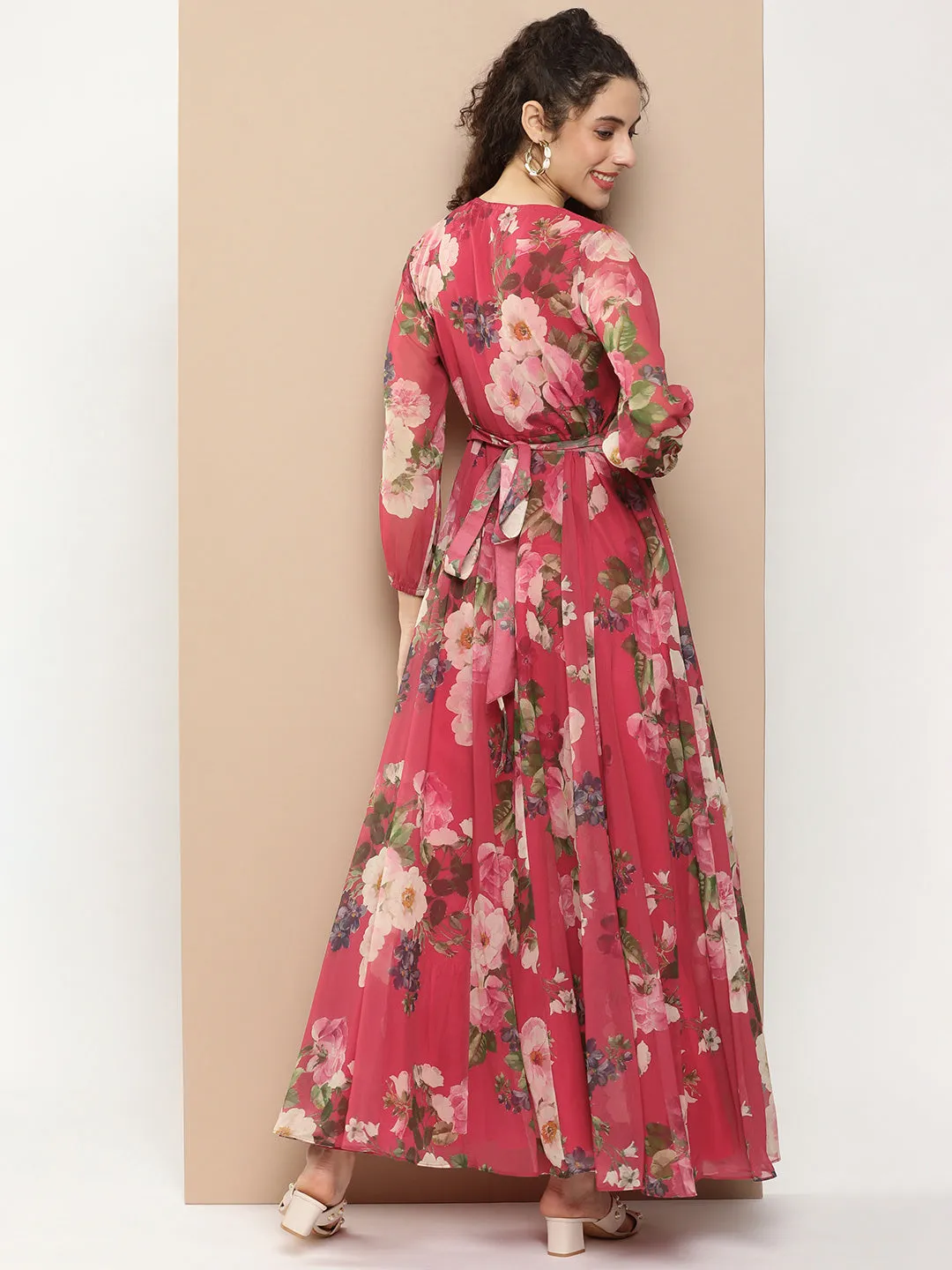 Fuchsia Printed Long Dress With Waist Belt