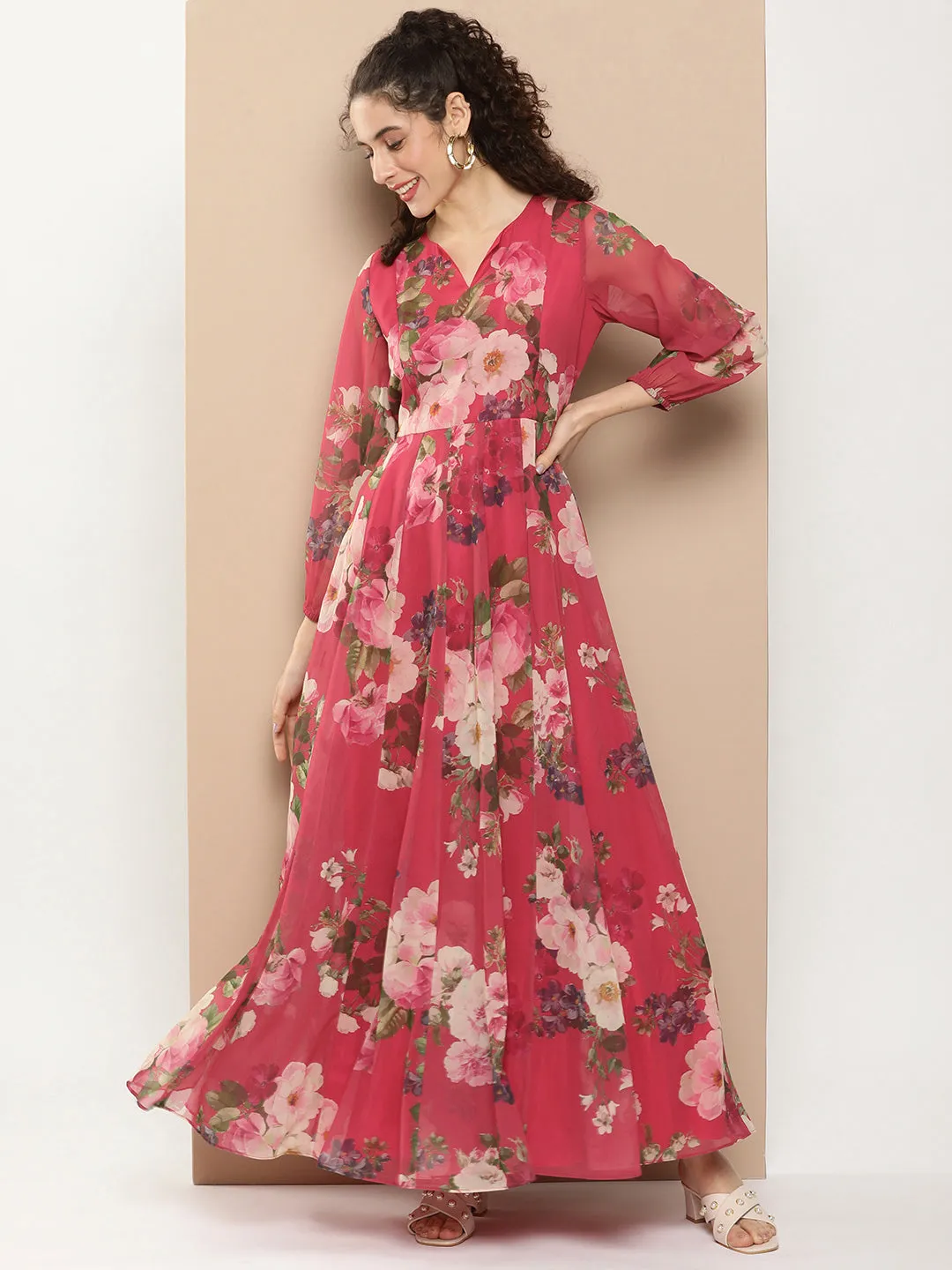 Fuchsia Printed Long Dress With Waist Belt