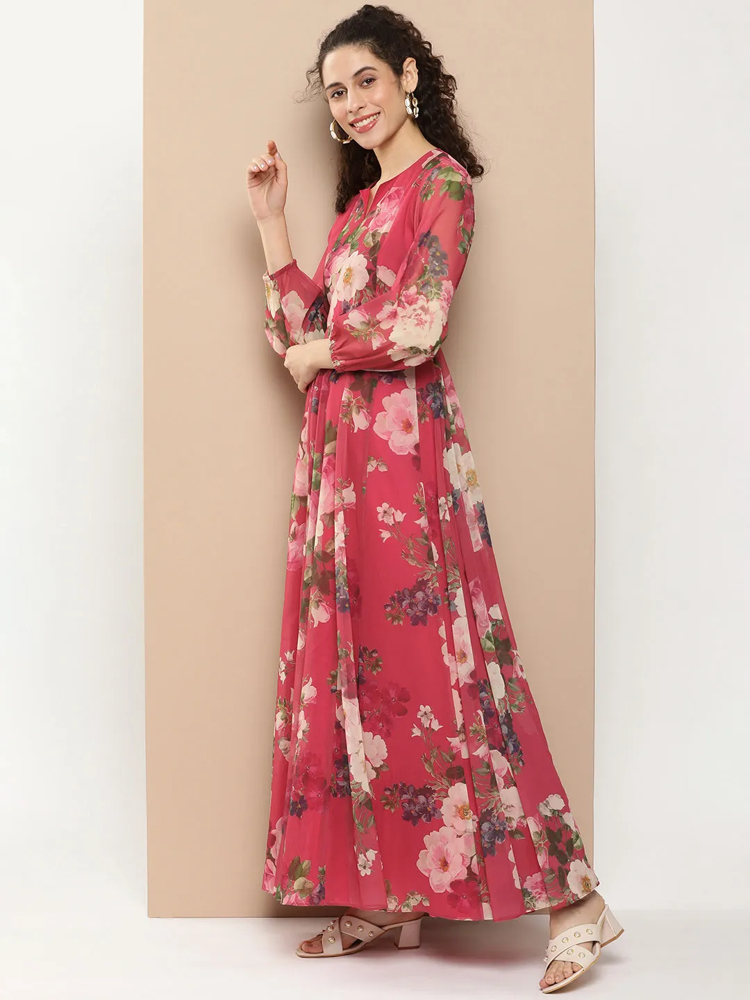 Fuchsia Printed Long Dress With Waist Belt