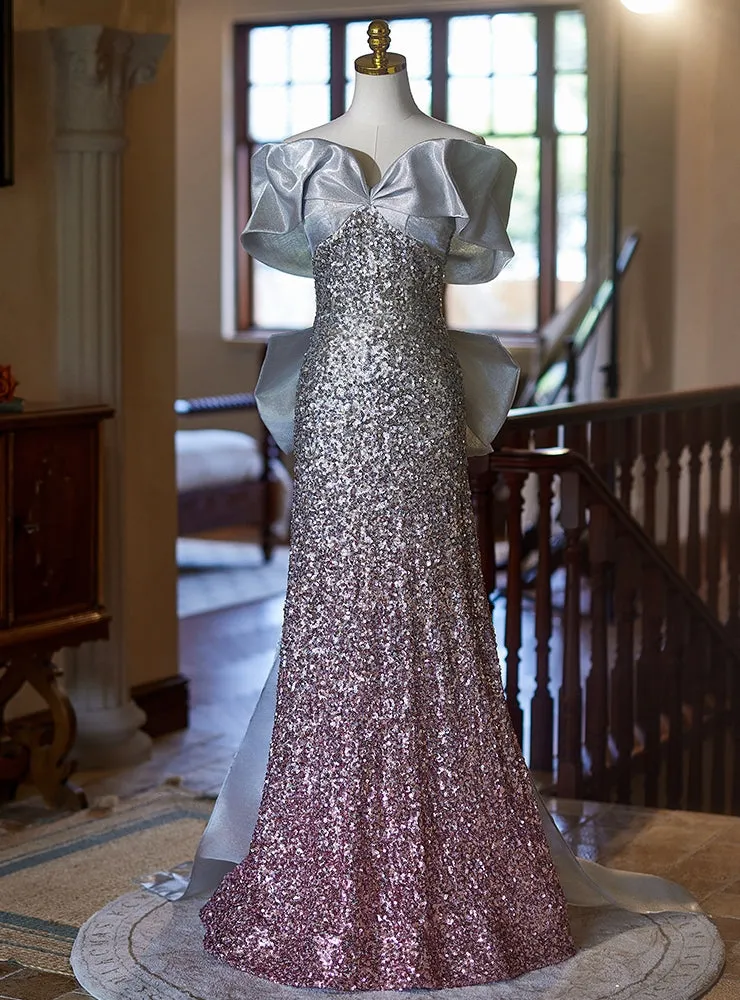 Gray Sequins Off the Shoulder Bow Prom Dress