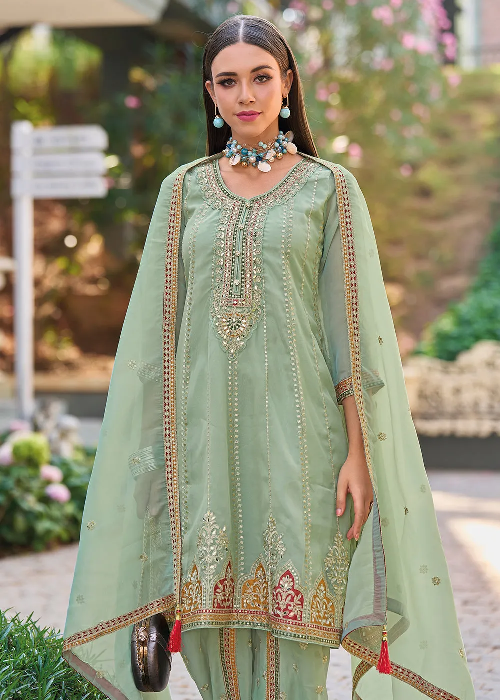 Green Dhoti Style Embroidered Organza Punjabi Style Suit