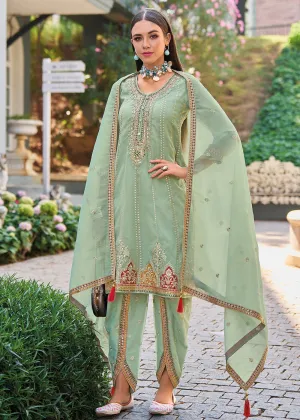 Green Dhoti Style Embroidered Organza Punjabi Style Suit