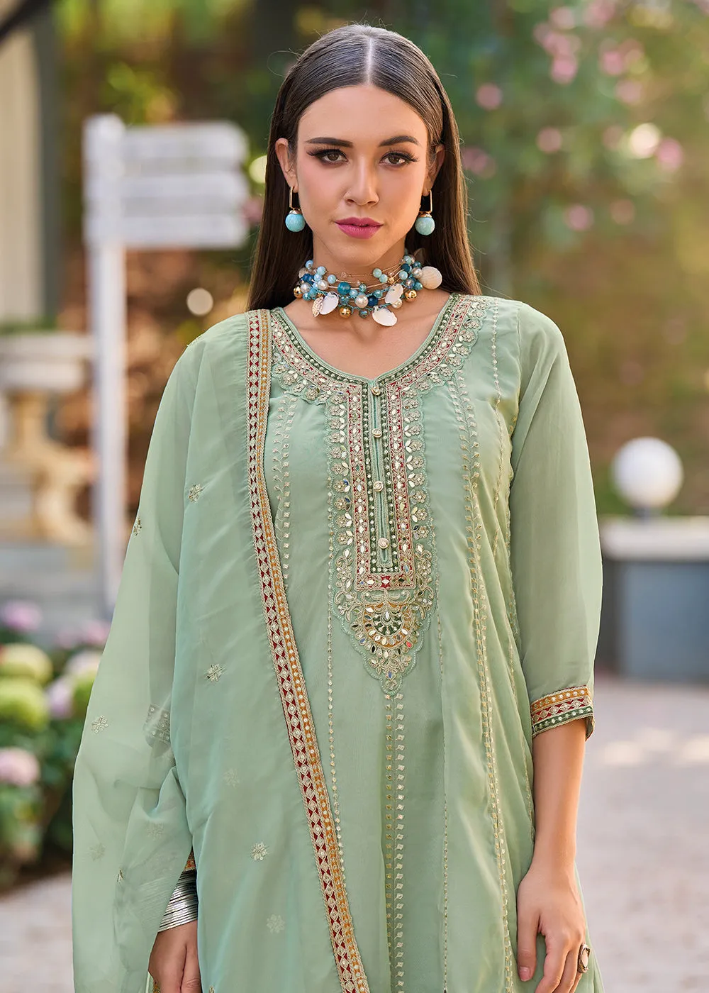 Green Dhoti Style Embroidered Organza Punjabi Style Suit